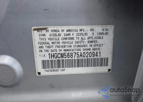 2005 Honda Accord 2.4 Ex from USA, damaged, VIN 1HGCM56875A020941